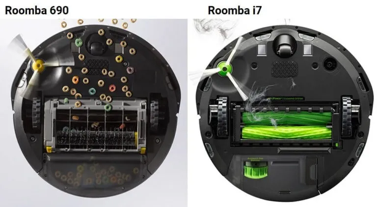 Comparaison côte à côte des anciennes brosses du Roomba et des nouvelles brosses.